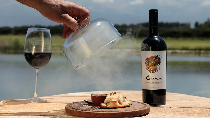 Image: A tantalizing display of culinary delights in Mendoza, featuring a glass of exquisite wine and a beautifully presented plate of food. Indulge in the rich flavors and exceptional gastronomy that Mendoza has to offer. Experience the perfect harmony of wine and cuisine in this vibrant destination.